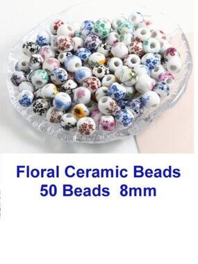 Floral Ceramic Beads  50 Beads  8mm  Large Hole